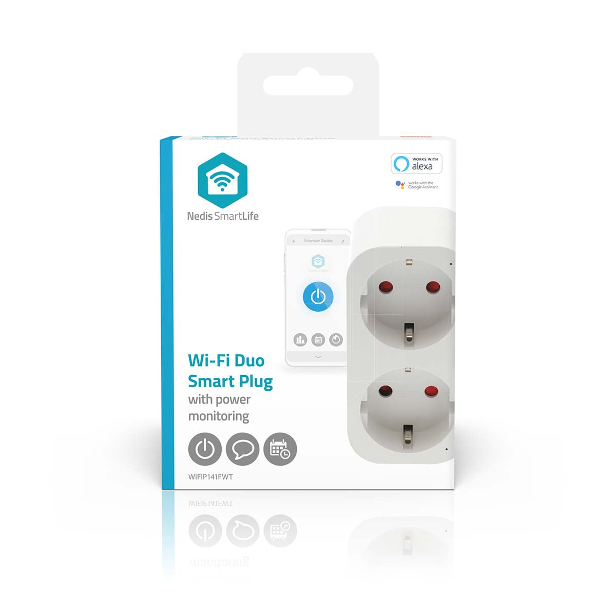 Nedis SmartLife smart plug med 2 EU-udtag, energimåling, Wi-Fi, Alexa/Google Assistant kompatibel, i detailæske.