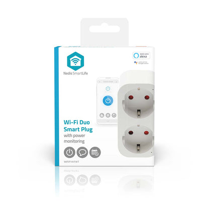 Nedis SmartLife smart plug med 2 EU-udtag, energimåling, Wi-Fi, Alexa/Google Assistant kompatibel, i detailæske.