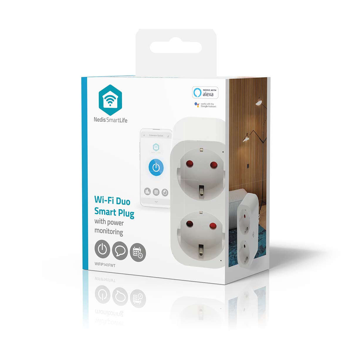 Nedis SmartLife smart plug pakke med to stik og app interface, Amazon Alexa kompatibilitet, Nedis logo synligt.