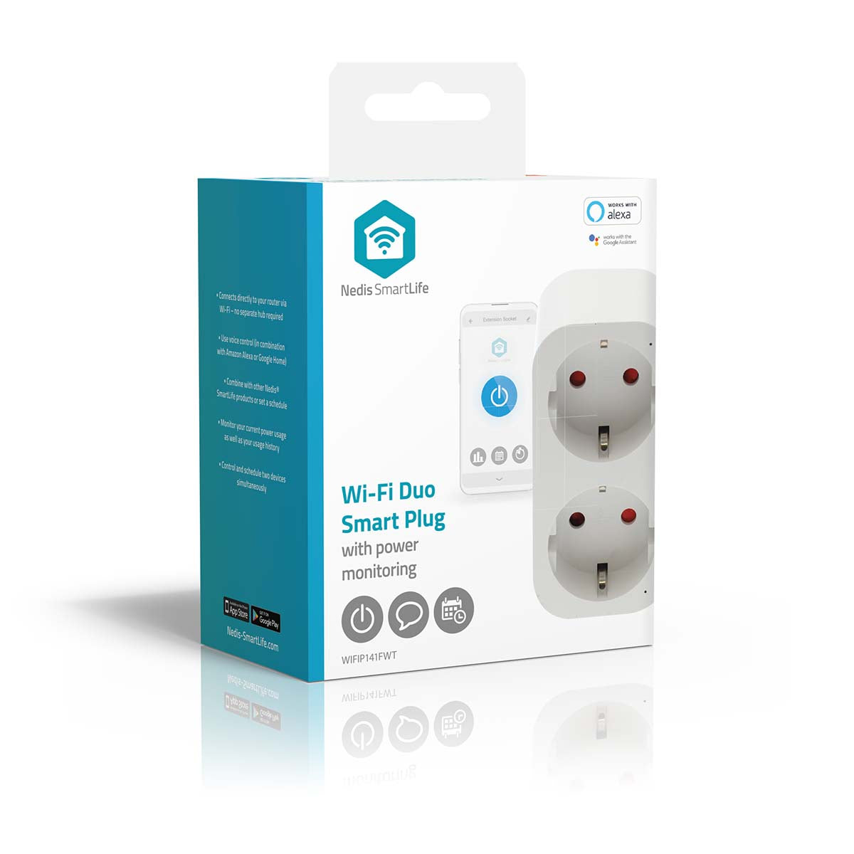 Nedis SmartLife Smart Plug æske, viser 2 runde stik og smartphone med app, hvid og teal emballage.