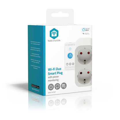 Nedis SmartLife Smart Plug æske, viser 2 runde stik og smartphone med app, hvid og teal emballage.