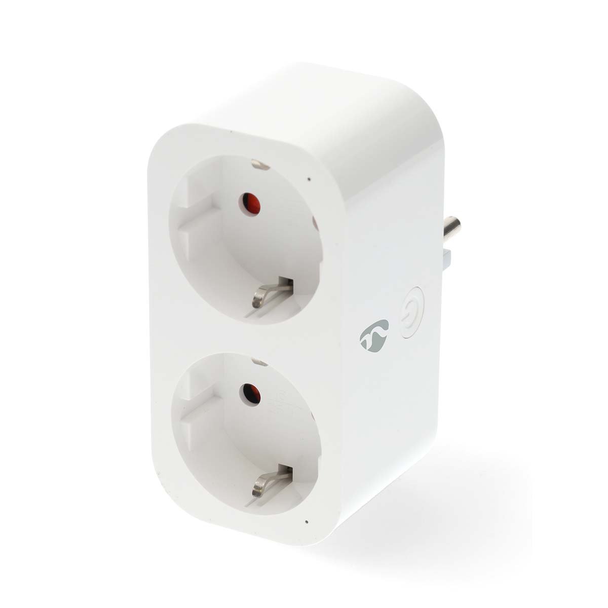 Nedis SmartLife smart plug hvid dobbelt stikkontakt med to runde EU-udtag og energimåling.