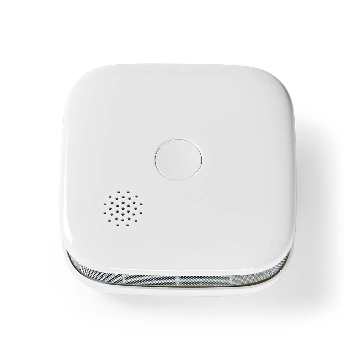 Nedis SmartLife røgalarm hvid, afrundet firkant, Wi-Fi, testknap i midten, højttalergitter og bundventilation.