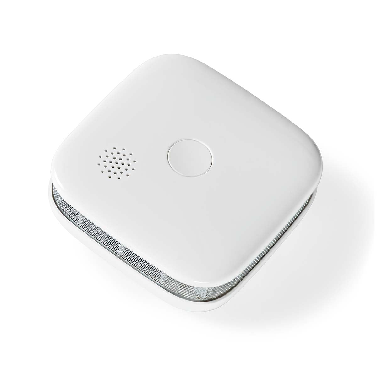 Nedis SmartLife Wi-Fi røgalarm, hvid, kvadratisk med afrundede hjørner, central knap og højttalergrill.