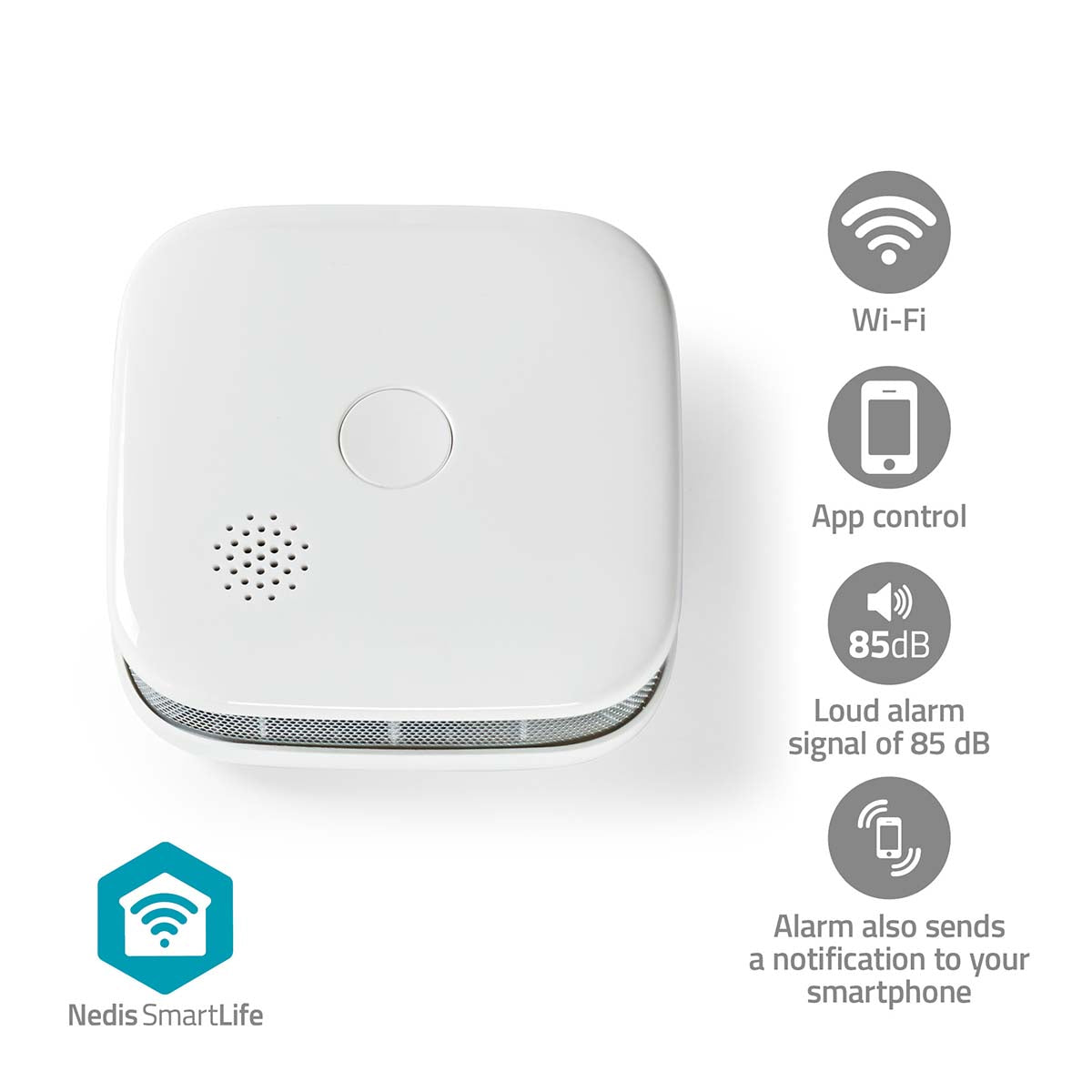 SmartLife Røgalarm, hvid firkantet med rund knap, Wi-Fi, appstyring, 85 dB alarm, SmartLife logo nederst til venstre.