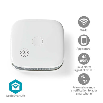 SmartLife Røgalarm, hvid firkantet med rund knap, Wi-Fi, appstyring, 85 dB alarm, SmartLife logo nederst til venstre.