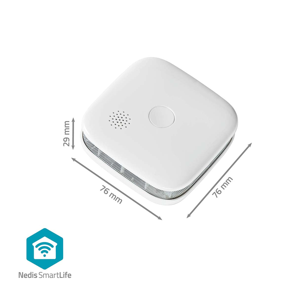 Nedis SmartLife røgalarm hvid, kvadratisk 76x76x29 mm med afrundede hjørner, Wi-Fi, logo nederst til venstre.