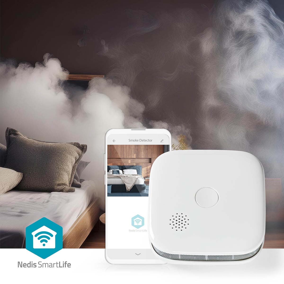 SmartLife Røgalarm Wi-Fi ses med røgalarm-notifikation på smartphone og SmartLife-logo nederst venstre hjørne.