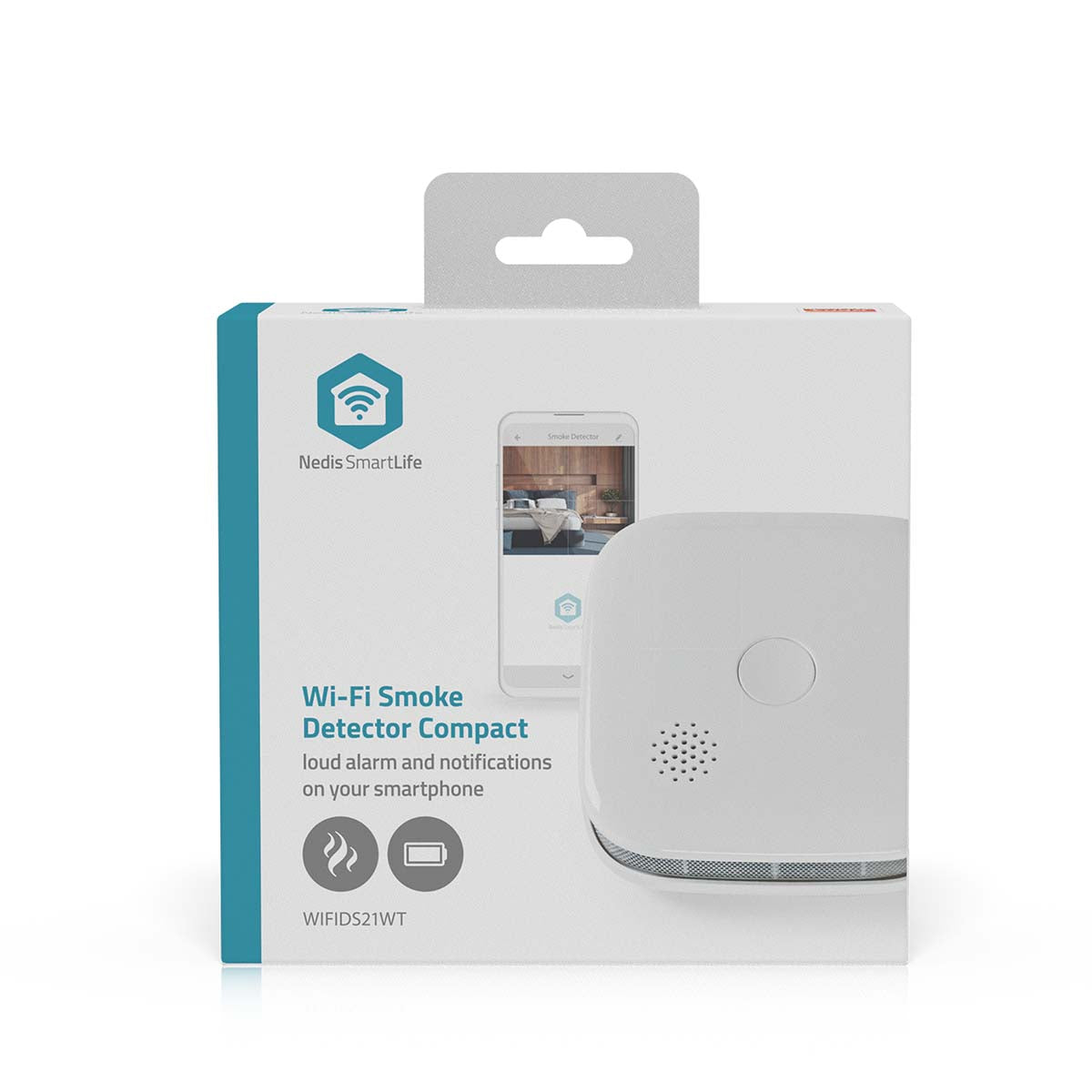 Nedis SmartLife Røgalarm i kompakt design på emballage med smartphone-app notifikationer og fotoelektrisk røgdetektion.
