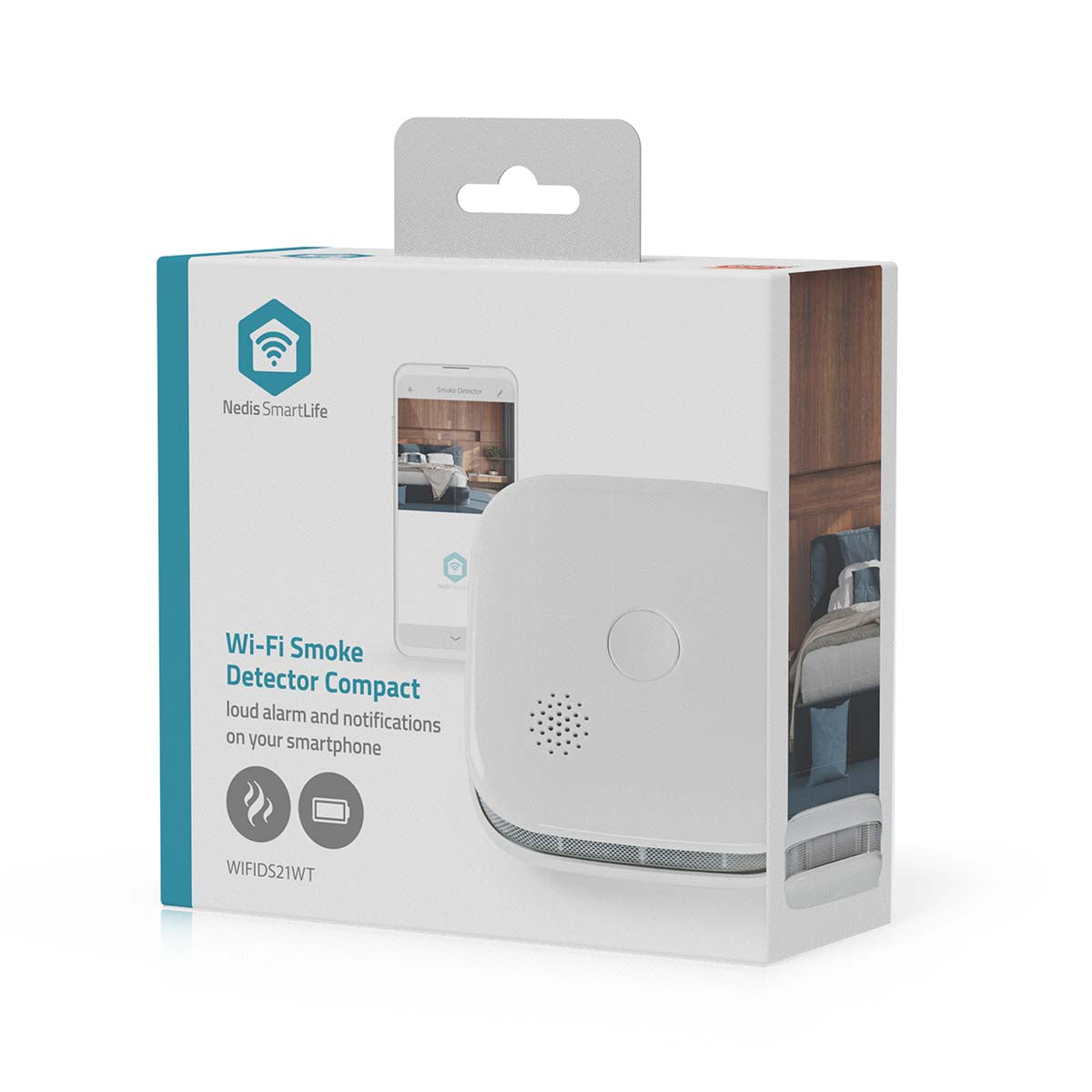 Nedis SmartLife Wi-Fi Røgalarm på æske med billede af alarm og smartphone med app, tekst nævner høj alarm og notifikationer.