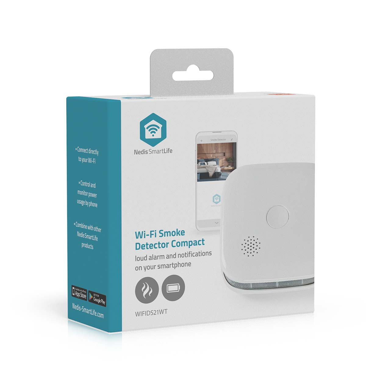 Nedis SmartLife Røgalarm i blå og hvid æske, vises med smartphone, alarm og notifikationer nævnt på emballagen.