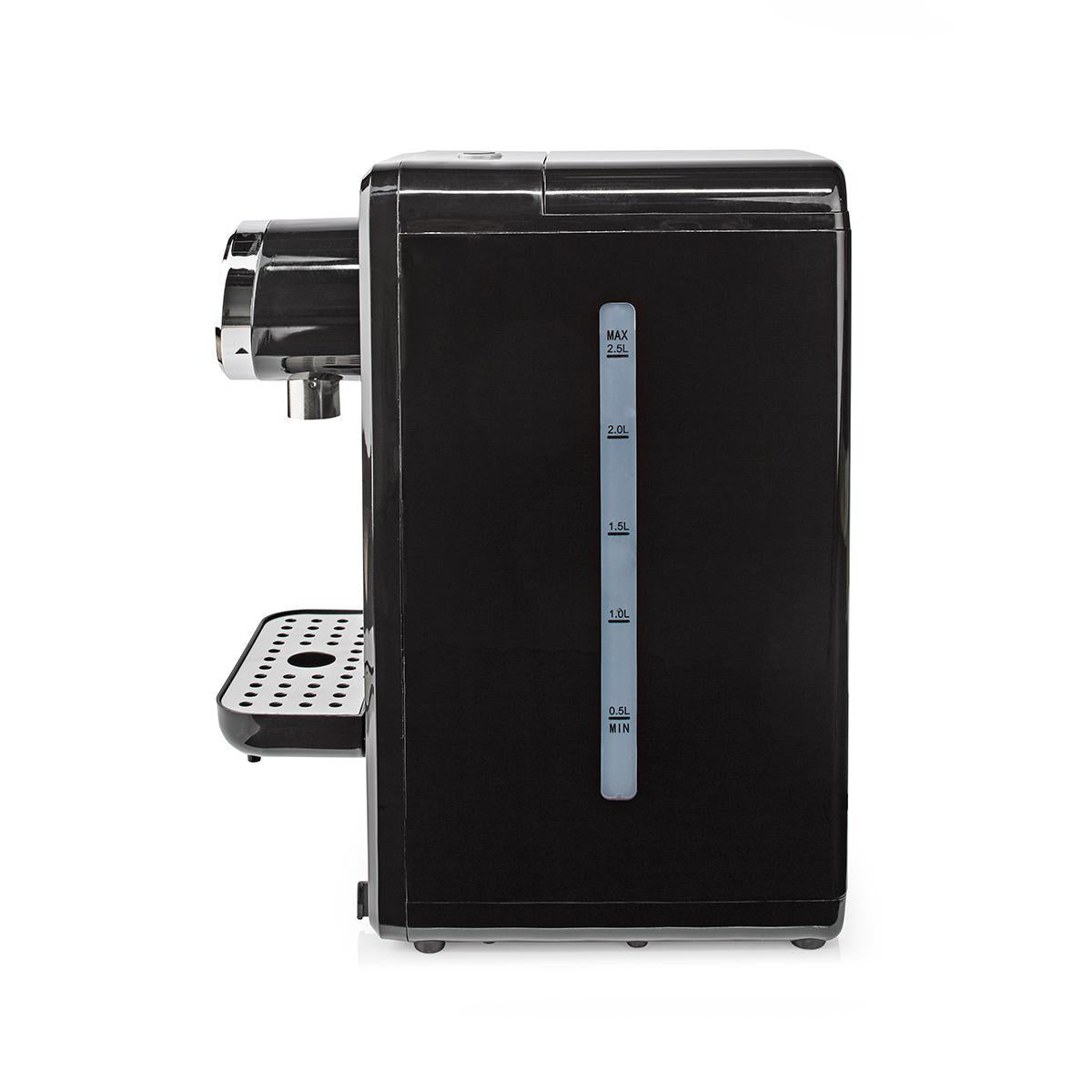 Nedis Varmt Vand Dispenser 2,5 L sort, transparent vandindikator med målinger, metal drypbakke, sideview.