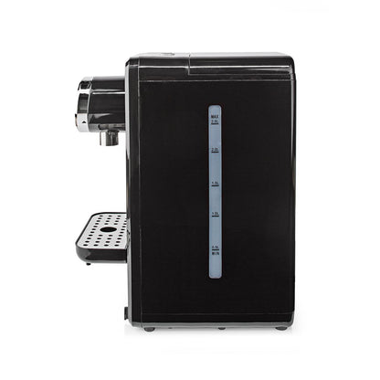 Nedis Varmt Vand Dispenser 2,5 L sort, transparent vandindikator med målinger, metal drypbakke, sideview.