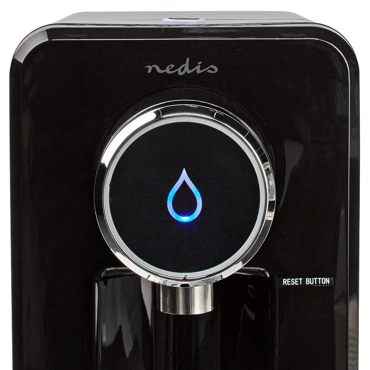 Nedis Varmt Vand Dispenser 2,5 L sort, rundt touchpanel med blåt vanddråbeikon og RESET BUTTON tekst.