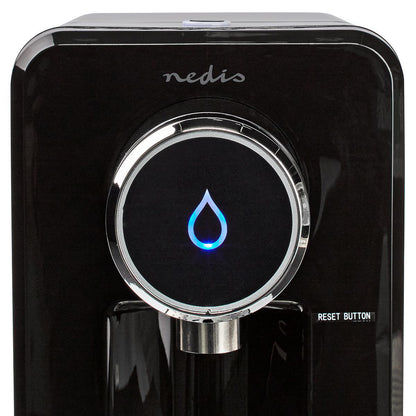 Nedis Varmt Vand Dispenser 2,5 L sort, rundt touchpanel med blåt vanddråbeikon og RESET BUTTON tekst.