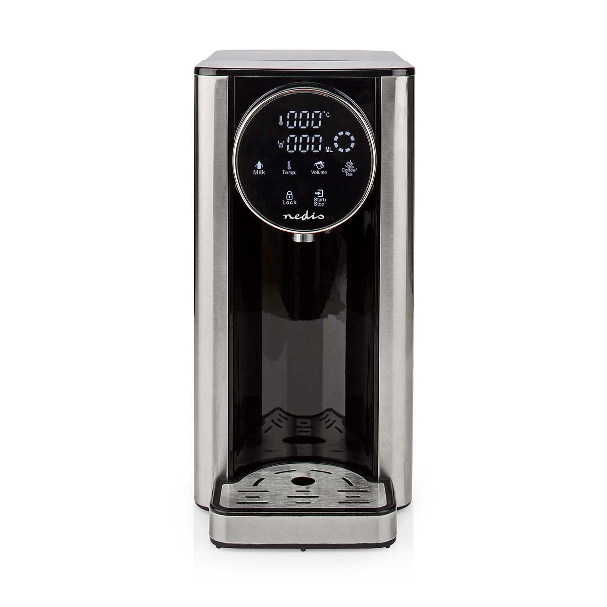 Nedis varmtvandsdispenser 2,7 L med digitalt touch-display og kabinet i rustfrit stål.