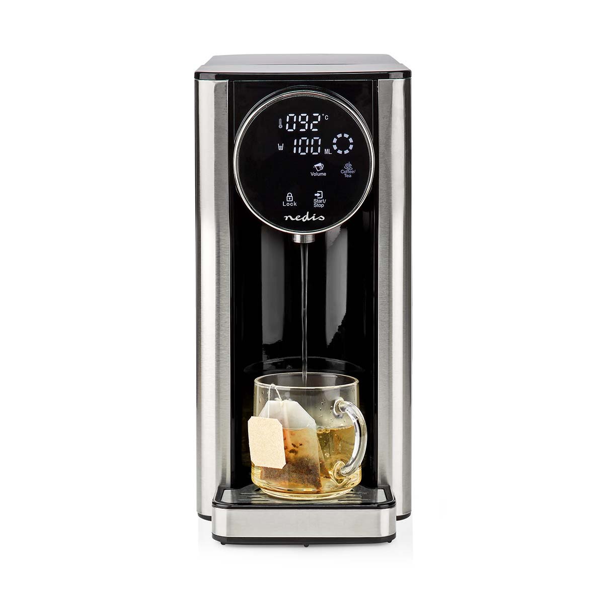 Nedis varmtvandsdispenser 2,7 L med touch-display, digital skærm viser 100°C vand, teposer på drypbakke.