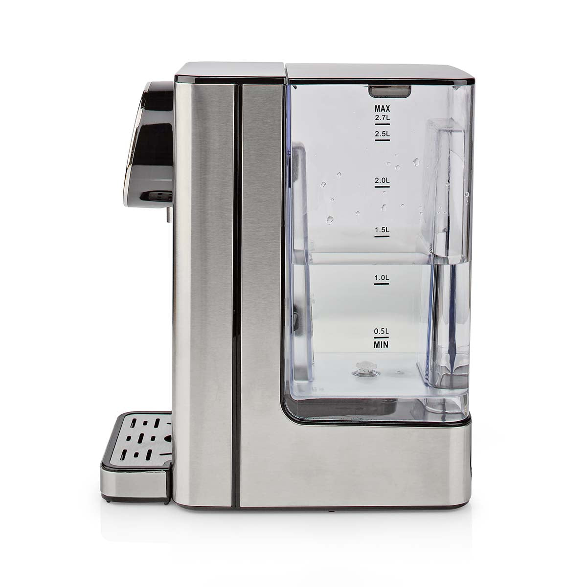 Nedis Varmt Vand Dispenser 2,7 L rustfrit stål, transparent 0,5-2,7L vandtank m. målestriber, touch-display, side drypbakke.