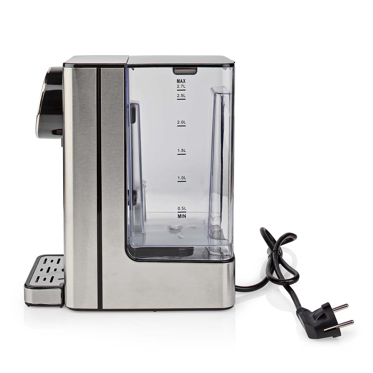 Nedis varmtvandsdispenser 2,7L i rustfrit stål, touch display, transparent vandtank 0,5-2,7L, drypbakke, sort tobenet ledning.