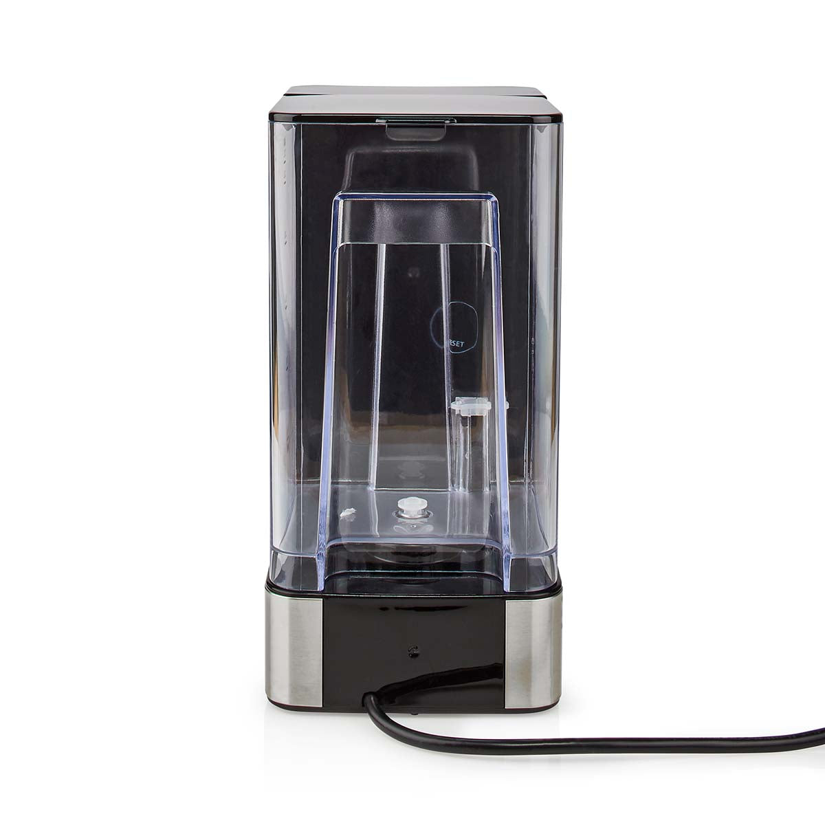 Nedis Varmt Vand Dispenser 2,7 L front, klar vandtank, sølv-sort base, sort netledning ud til højre.