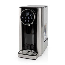 Nedis varmtvandsdispenser 2,7 L i stål/sort med touchdisplay, temperatur og ikoner, drypbakke og transparent vandtank.