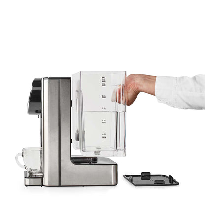 Nedis Varmt Vand Dispenser i stål, aftagelig 2,7L vandtank med målstriber, touch-display, glas under hånden.