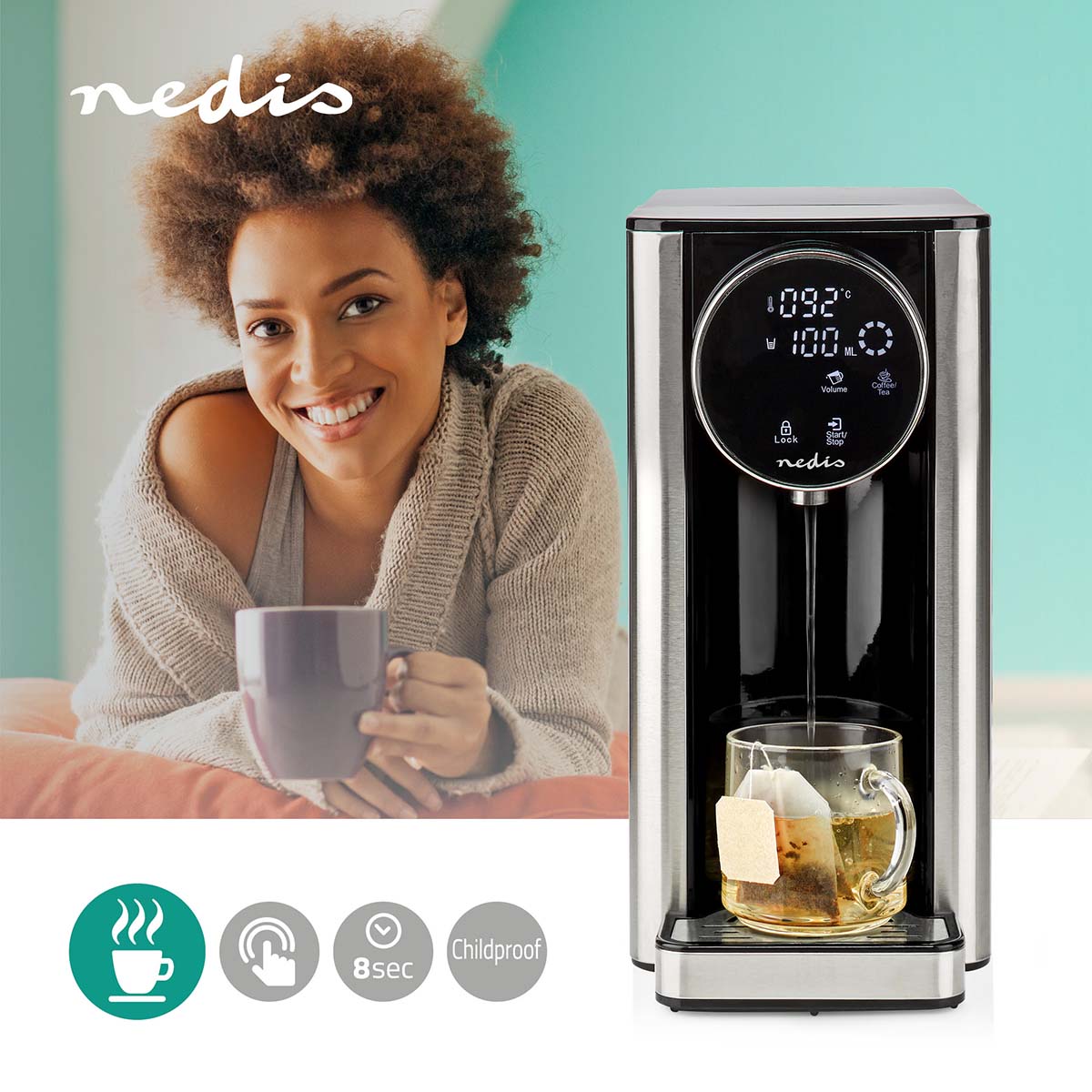 Nedis Varmt Vand Dispenser 2,7 L med touch display, ikoner til kaffe, 8 sekunder, børnesikring, Nedis logo øverst.
