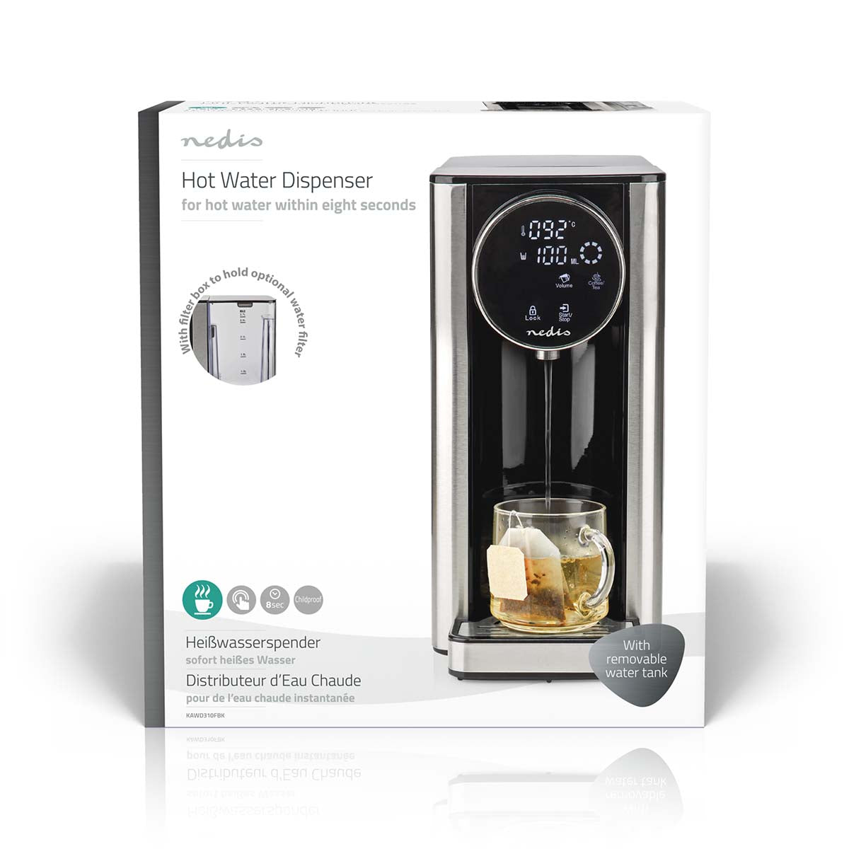 Nedis varmtvandsdispenser 2,7 L touch-display aftagelig vandtank mulighed for vandfilter stående under hanen.