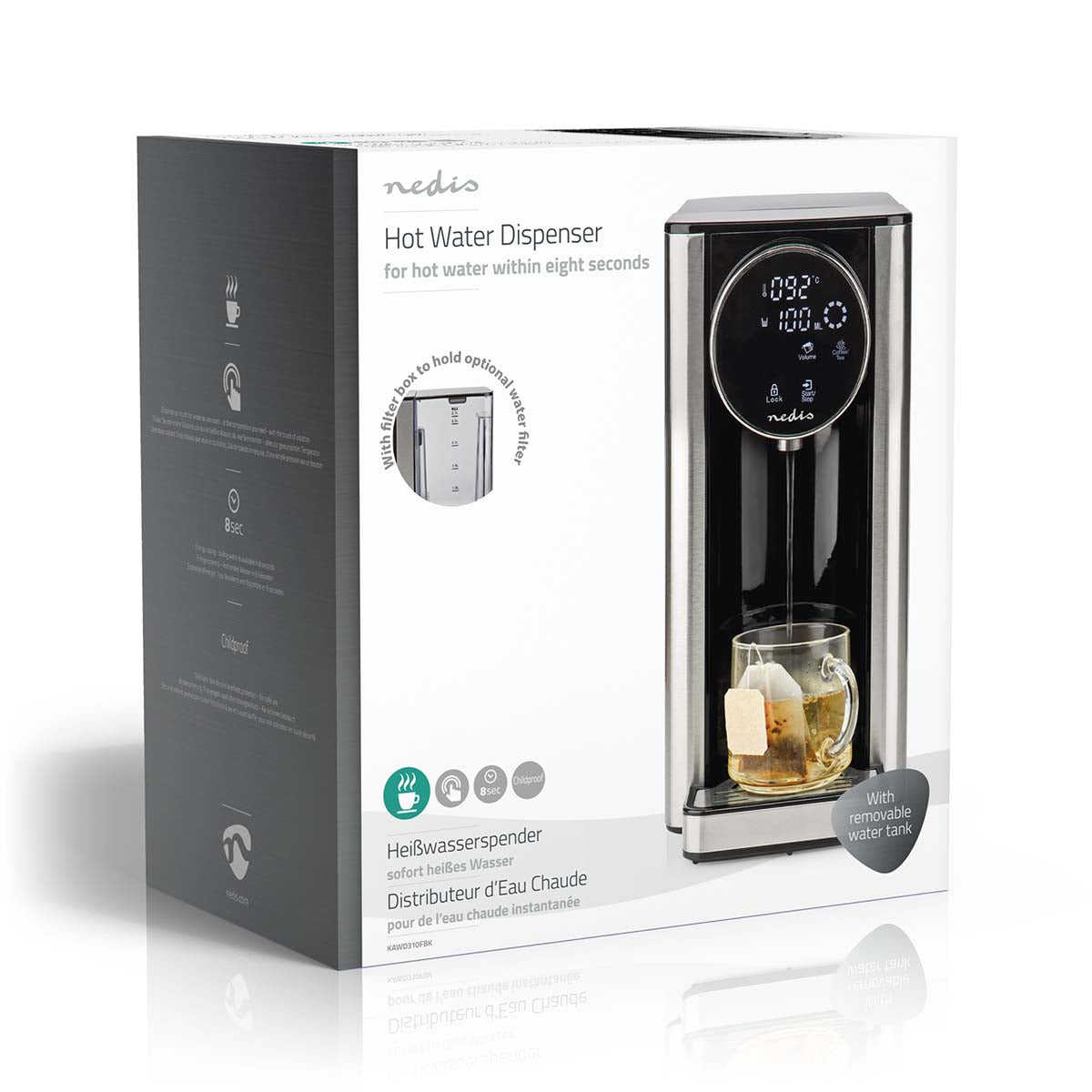 Nedis Varmt Vand Dispenser 2,7 L på æske med touch-display, digitalt display, øjeblikkelig opvarmning, aftagelig vandtank.
