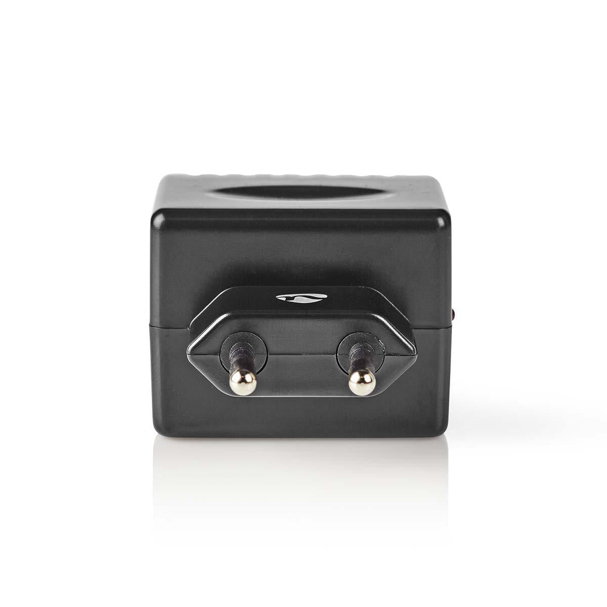 Nedis DC-adapter 220V til 12V, sort rektangulær, til metalben foran, konverterer 220V til 12V DC.