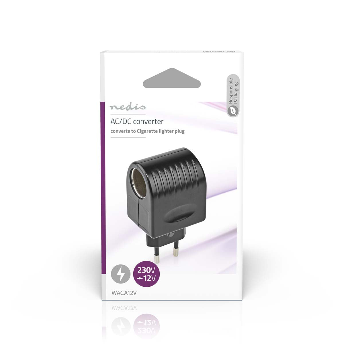 Nedis DC adapter 220V til 12V, sort, i lilla/hvid æske, til cigarettænderstik.