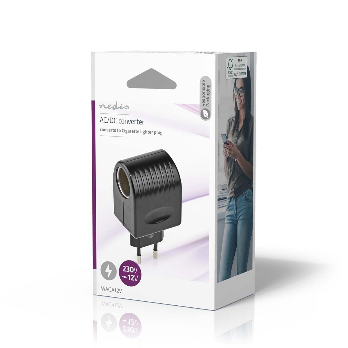 Nedis DC-adapter 220V til 12V i æske med produktbillede, modeloplysninger og kvinde med mobil på forsiden.
