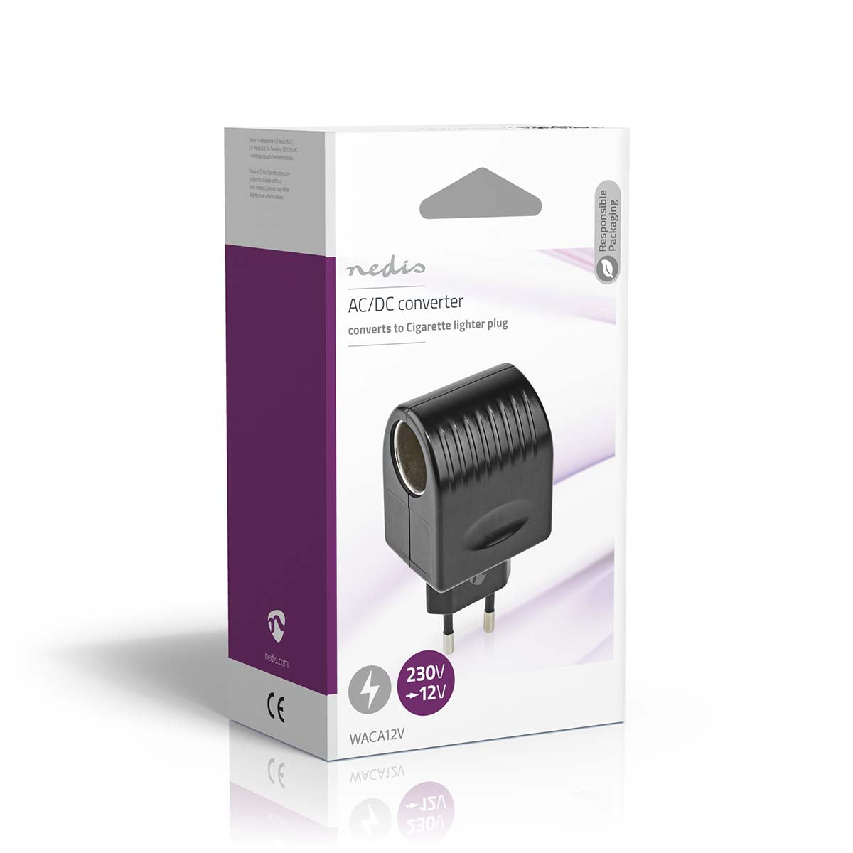 Nedis DC-adapter 220V til 12V, sort, til EU-benet stik og cigarettænder-udtag, detailæske i hvid/lilla.