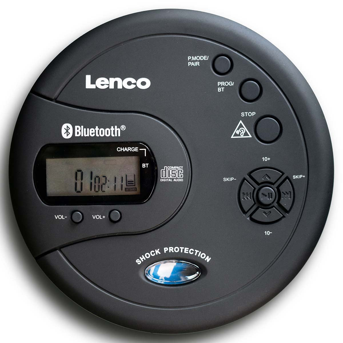 Lenco bærbar Bluetooth CD-MP3-afspiller sort med antishock, runde knapper, digitalt display viser "01 02:11.