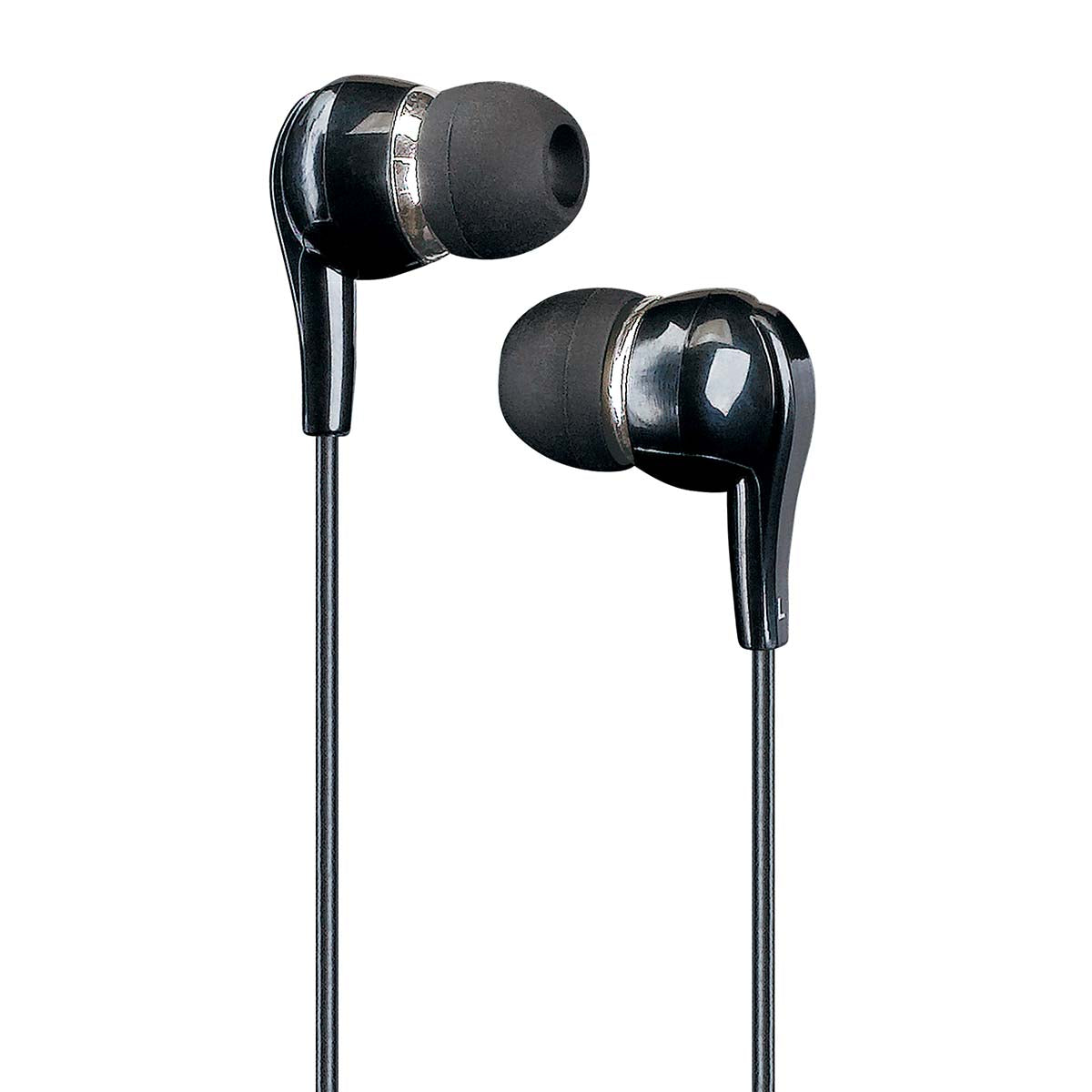 Sort in-ear kablede øretelefoner med silikonepropper og blank finish til Lenco Bærbar Bluetooth CD-MP3-afspiller med antishock.
