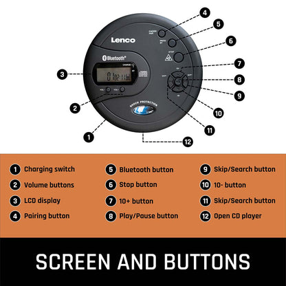 Lenco Bærbar Bluetooth CD-MP3-afspiller Sort med antishock, LCD-display og 12 knapper inkl. opladning, lydstyrke, tastatur.