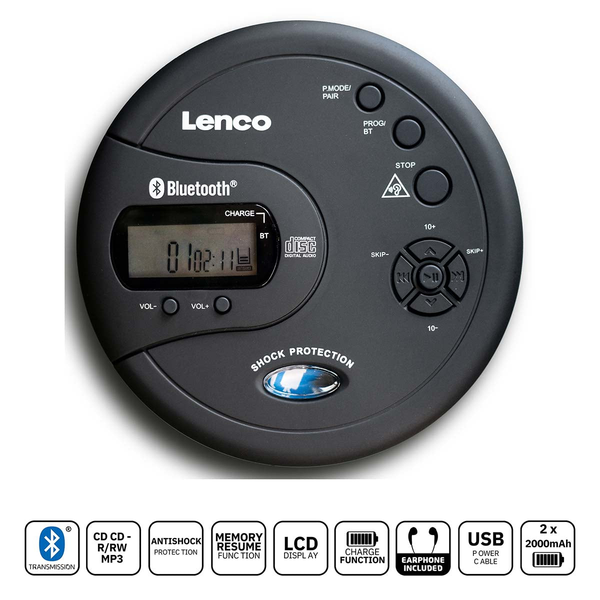 Lenco bærbar Bluetooth CD-MP3-afspiller sort med LCD-display, knapper, antishock, USB-opladning og fjernbetjening.