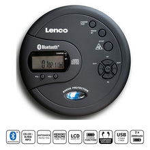 Lenco bærbar Bluetooth CD-MP3-afspiller sort med LCD-display, knapper, antishock, USB-opladning og fjernbetjening.