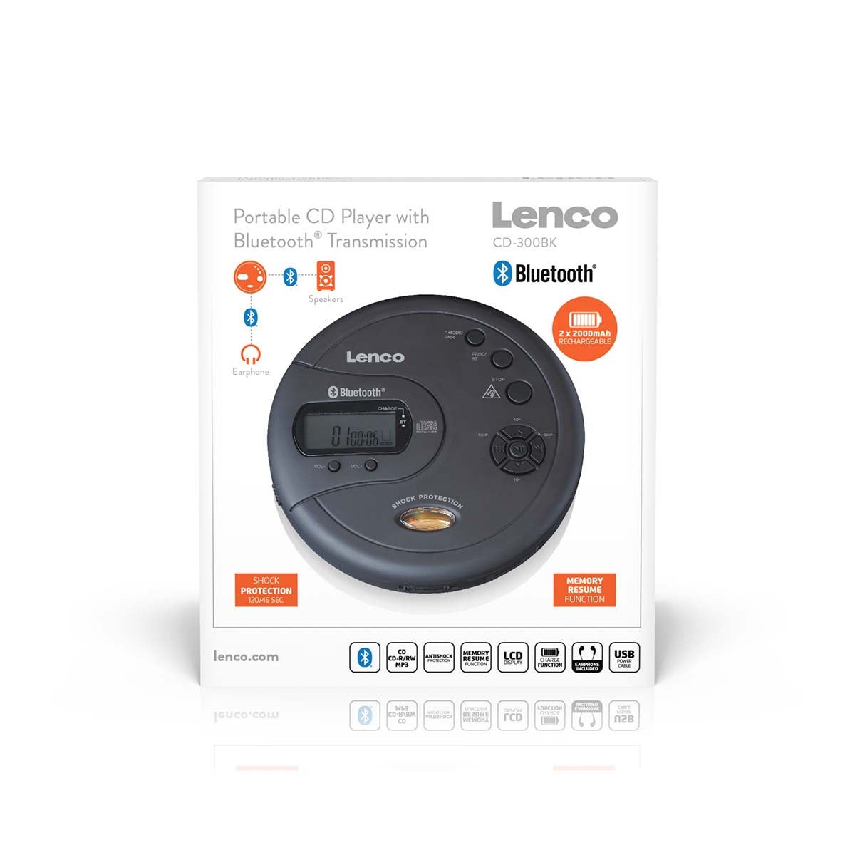 Lenco Bærbar Bluetooth CD-MP3-afspiller Sort med LCD display, indbyggede højttalere, øretelefoner og antishock vises på æsken.