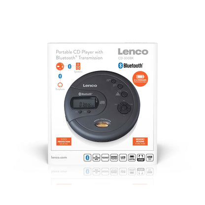 Lenco Bærbar Bluetooth CD-MP3-afspiller Sort med LCD display, indbyggede højttalere, øretelefoner og antishock vises på æsken.
