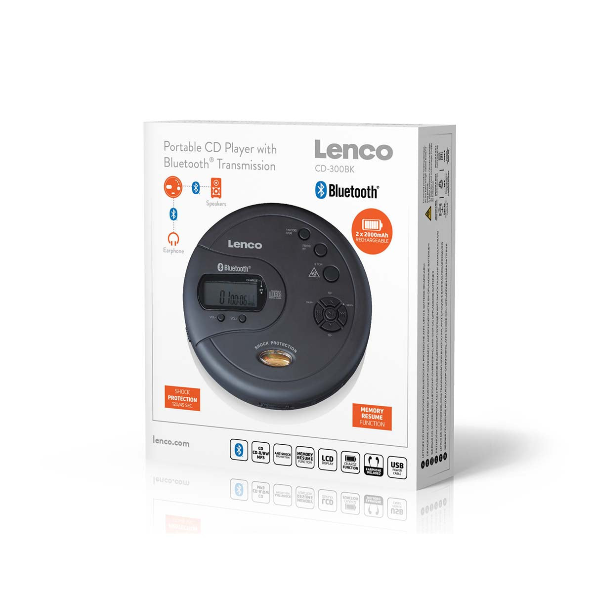 Lenco bærbar Bluetooth CD-MP3-afspiller sort, antishock, hovedtelefonstik vist på hvid æske med Bluetooth-logo.