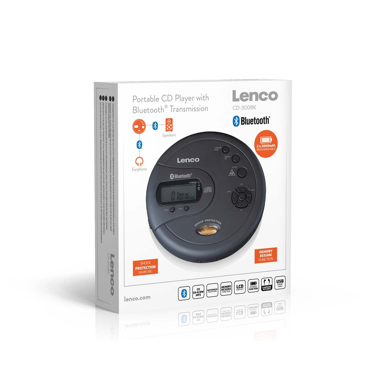 Lenco bærbar CD-MP3-afspiller med Bluetooth, antishock, kompatibilitetsikoner vises på sort emballage.