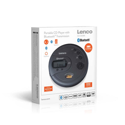 Lenco bærbar CD-MP3-afspiller med Bluetooth, antishock, kompatibilitetsikoner vises på sort emballage.