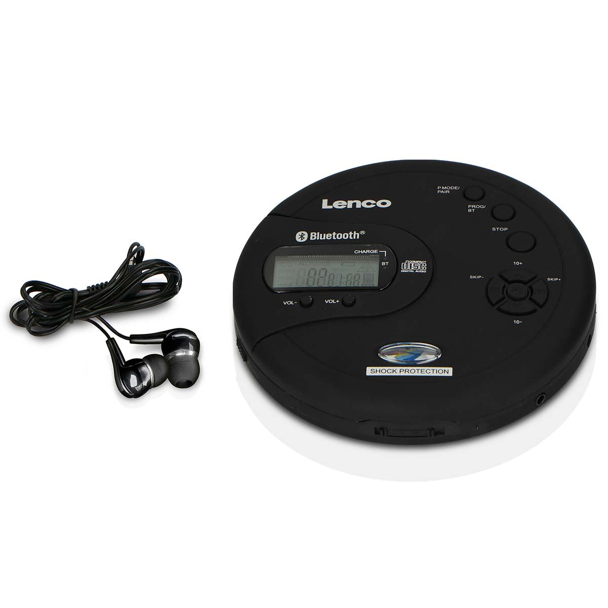 Lenco bærbar Bluetooth CD-MP3-afspiller sort med digitalt display, kontrolknapper, mærkat og sorte kablede øretelefoner.