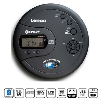 Lenco bærbar Bluetooth CD-MP3-afspiller sort med LCD-display, antishock, USB-opladning, øretelefoner, 2x2000mAh support.