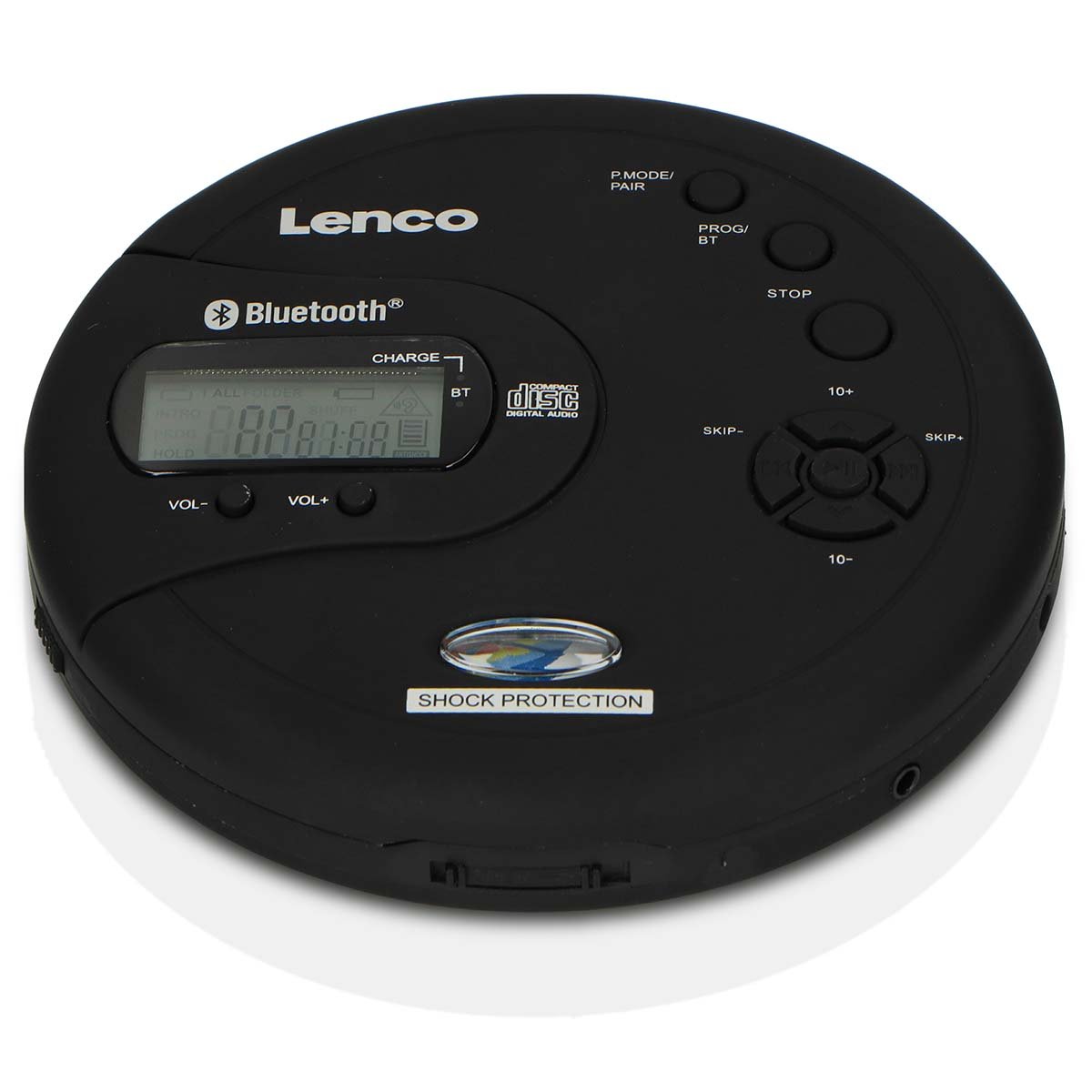 Lenco bærbar Bluetooth CD-MP3-afspiller sort med LCD-skærm, flere knapper og antishock-label foran.