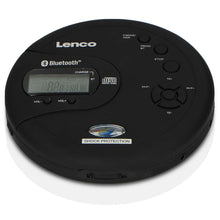 Lenco bærbar Bluetooth CD-MP3-afspiller sort med LCD-skærm, flere knapper og antishock-label foran.