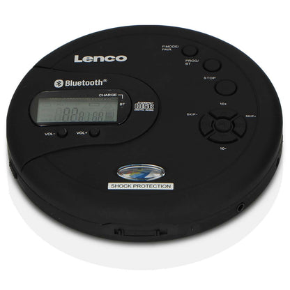 Lenco bærbar Bluetooth CD-MP3-afspiller sort med LCD-skærm, flere knapper og antishock-label foran.