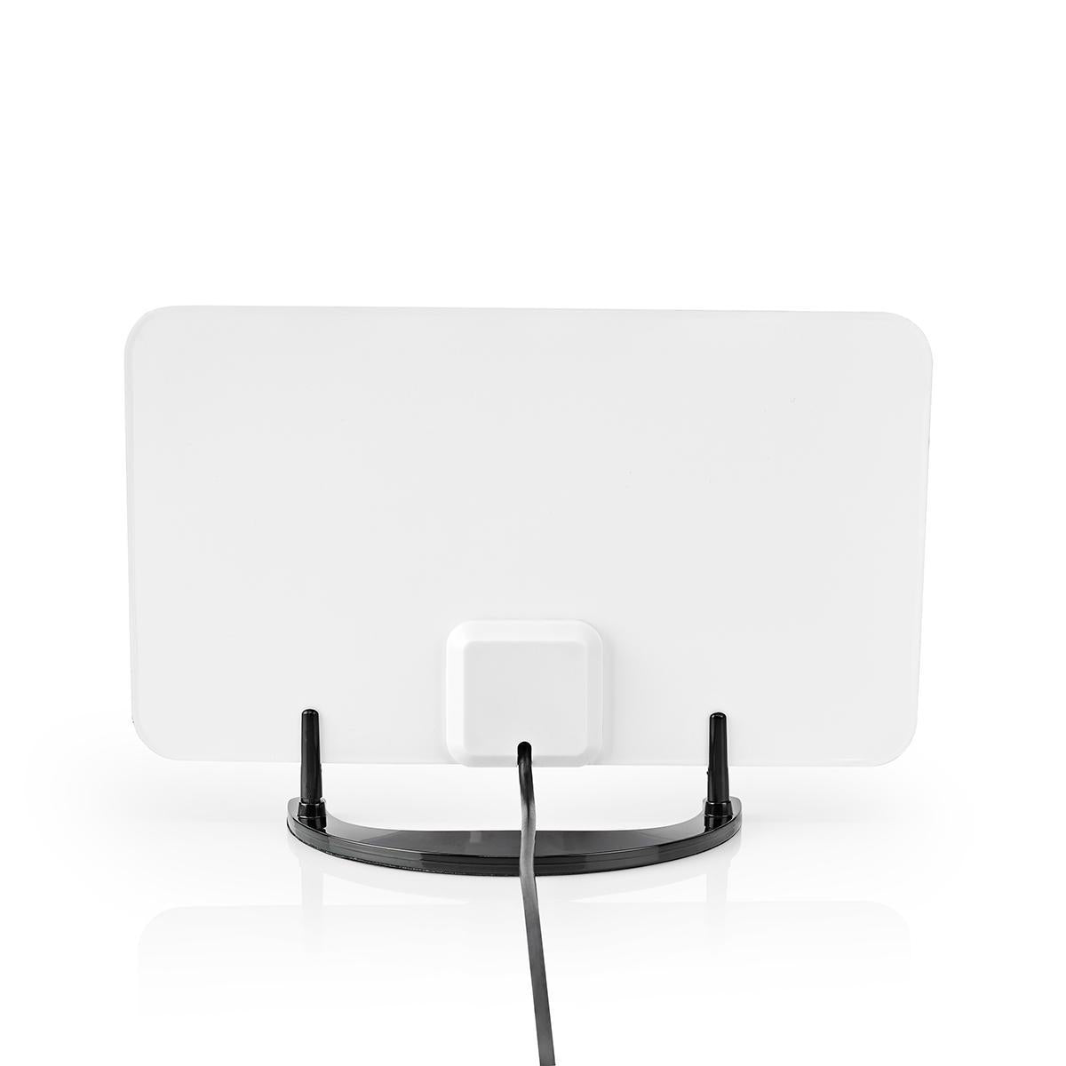 Nedis Aktiv Indendørs DVB-T/T2 antenne set bagfra, hvid rektangulær på sort fod med centreret kabel og signalforstærkning.
