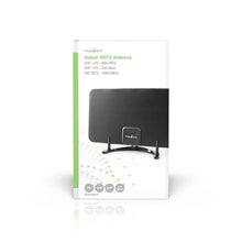 Nedis Aktiv Indendørs DVB-T/T2 antenne sort på fod, æske viser understøttede frekvenser UHF 470-694 VHF 170-230 FM 87.5-108.5 MHz.